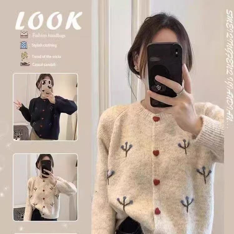 软糯刺绣毛衣外套女秋冬新款韩系宽松爱心扣圆领针织开衫减龄百搭|undefined