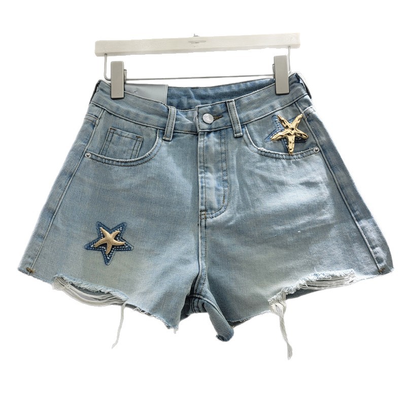 Shorts Denim con Desgastados y Flecos para Mujer de Mezclilla con Estrellas Metálicas