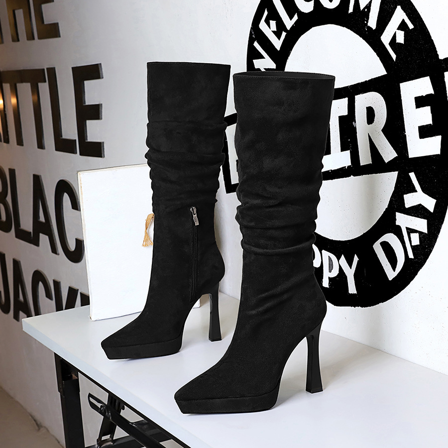 Women's Suede Over The Knee Boots Chunky Heel Pointed Toe Platform_voghion.com