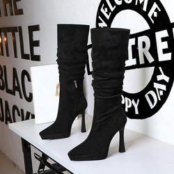 9399-1 Thick heeled Long tube Boots for Women, Pointed High tube Waterproof Platform Side Zipper, Suede Fold Stacked Boots, Fashion Long boots