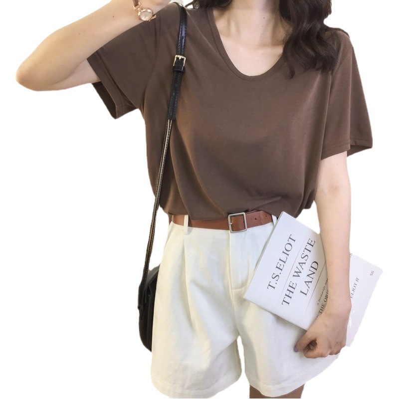 Camiseta de manga corta para mujer 2025, top moderno con cuello en V para mujer, nuevo estilo de verano, adelgazante, venta al por mayor transfronteriza