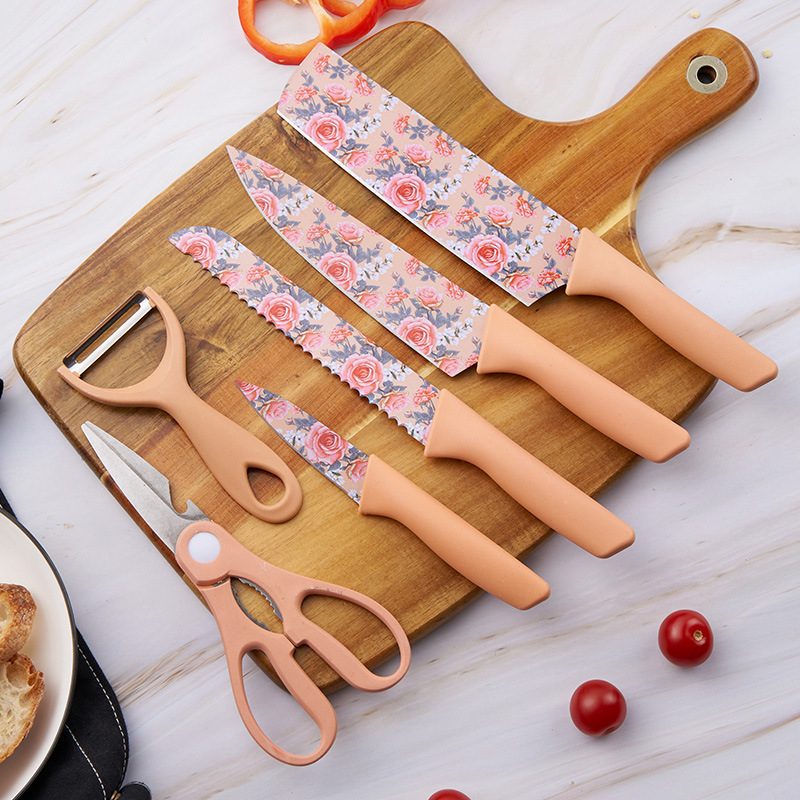 外贸厨房刀具6件套不锈钢彩色印花套刀家用厨房玫瑰印花刀具套装