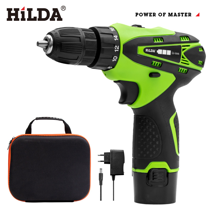 Hilda 12V destornillador inalámbrico taladro eléctrico doble velocidad batería de litio recargable luz LED 2 piezas impermeable mano Taladro