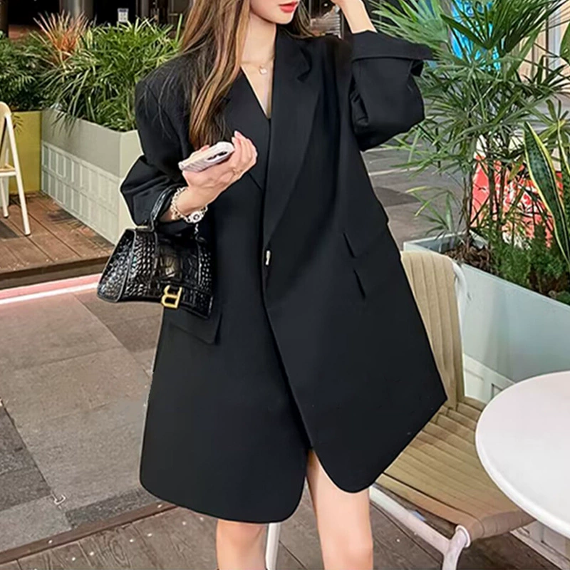 Женский черный пиджак больших размеров, Женский пухлый mm2023, весна и осень, Новый Свободный Повседневный Длинный топ 2399