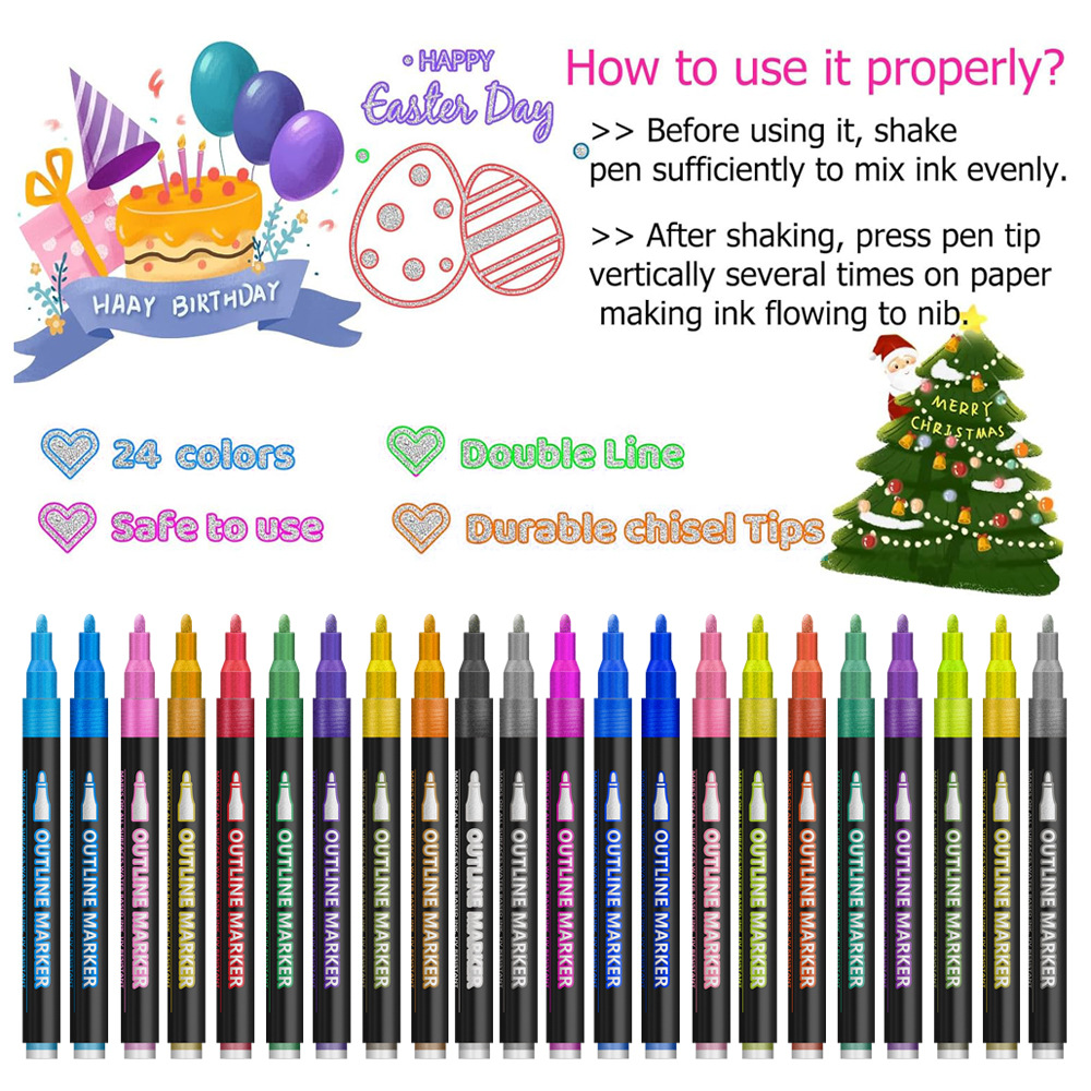 Transfronterizo venta caliente TEMU doble línea de contorno bolígrafo 48 color conjunto de cuentas de mano DIY creativo marcador bolígrafo marcador fluorescente