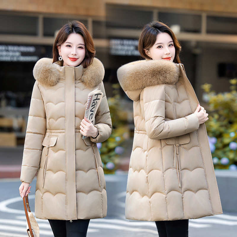 Women's mid-length cotton coat with a large fur collar, 2026 winter new style, fashionable and stylish down-filled cotton coat, warm outerwear, in stock