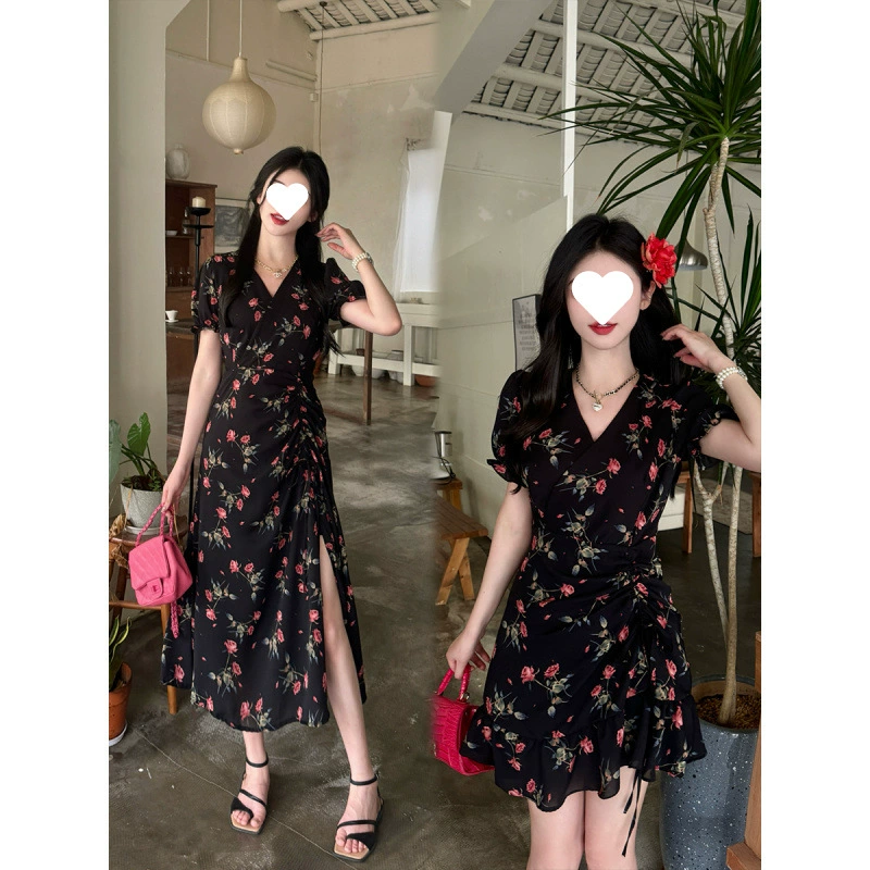 Настоящее фото женского платья больших размеров для перерыва на чай с французским цветочным принтом и разрезом в форме рыбы, утягивающее платье для полных девушек, чтобы скрыть свое тело и утянуть талию.