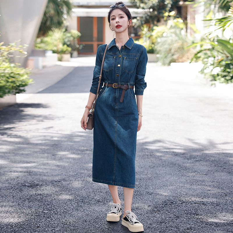 Denim Dress Women's Spring & Fall 2025 New Style Age-Reducing Casual Slimming Look Long-Sleeved Shirt Skirt Denim Dress Women's Spring & Fall 2025 New Style Age-Reducing Casual Slimming Look Long-Sleeved Shirt Skirt