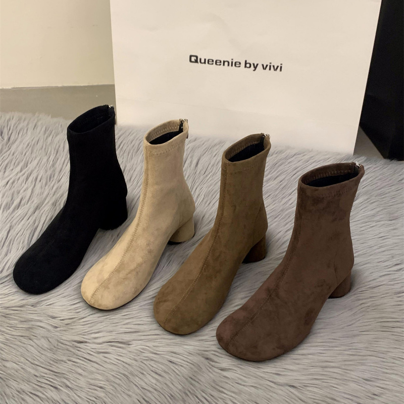 Autumn and Winter Square Heel Comfortable Back Zipper Boots Women's Suede Mid-Calf Boots Pure Color Round Toe High Heel Large Size Women's Boots