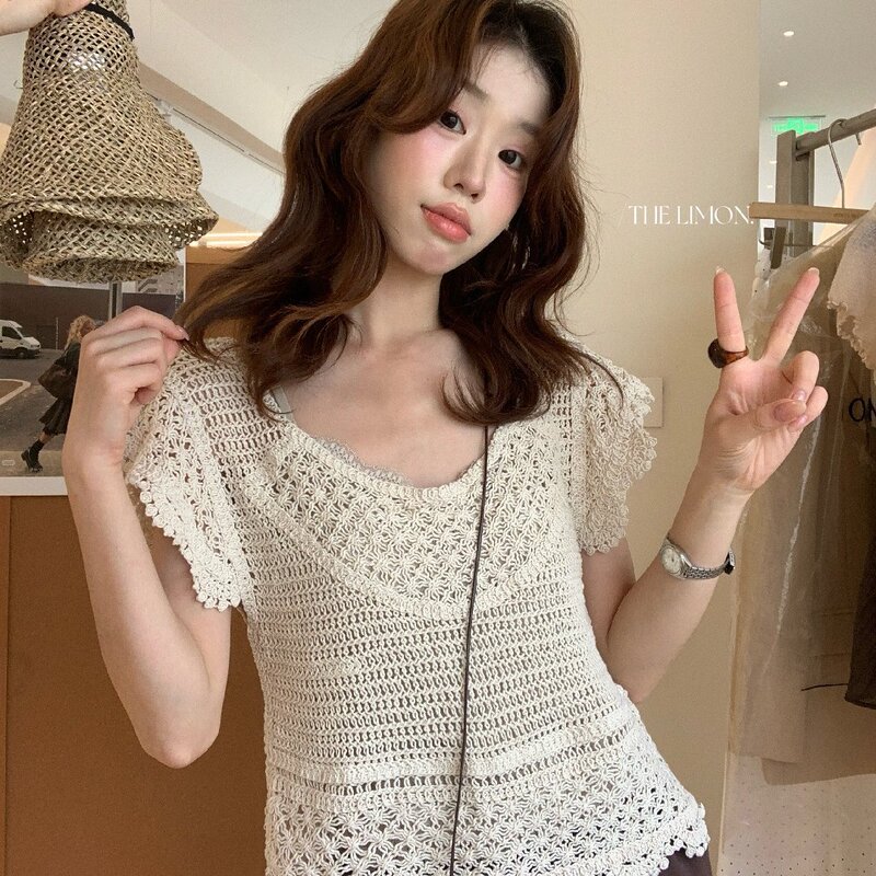 Lemon Green Tea Bohemian Style Crochet Hollow-Out Knit Top for Women 2026 Summer Thin Layering Cover-Up Blouse Lemon Green Tea Bohemian Style Crochet Hollow-Out Knit Top for Women 2026 Summer Thin Layering Cover-Up Blouse