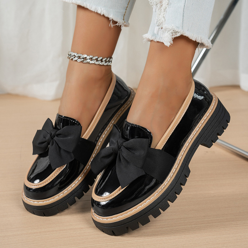 Cross-Border Loafers, Small Leather Shoes, Women's Formal Business Casual Shoes, Thick-Soled British Bow-Knot Slip-Ons, Large Size Shoes