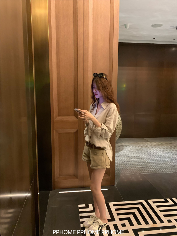 PPHOME自制~高智oni 老钱V领松弛感阔版亚麻长袖衬衫原麻防晒衬衫|undefined