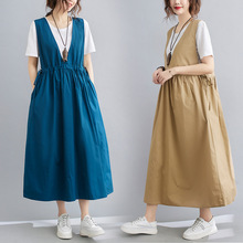 棉麻实拍中长款宽松大码文艺纯色无袖v领A字背心连衣裙女背带高腰