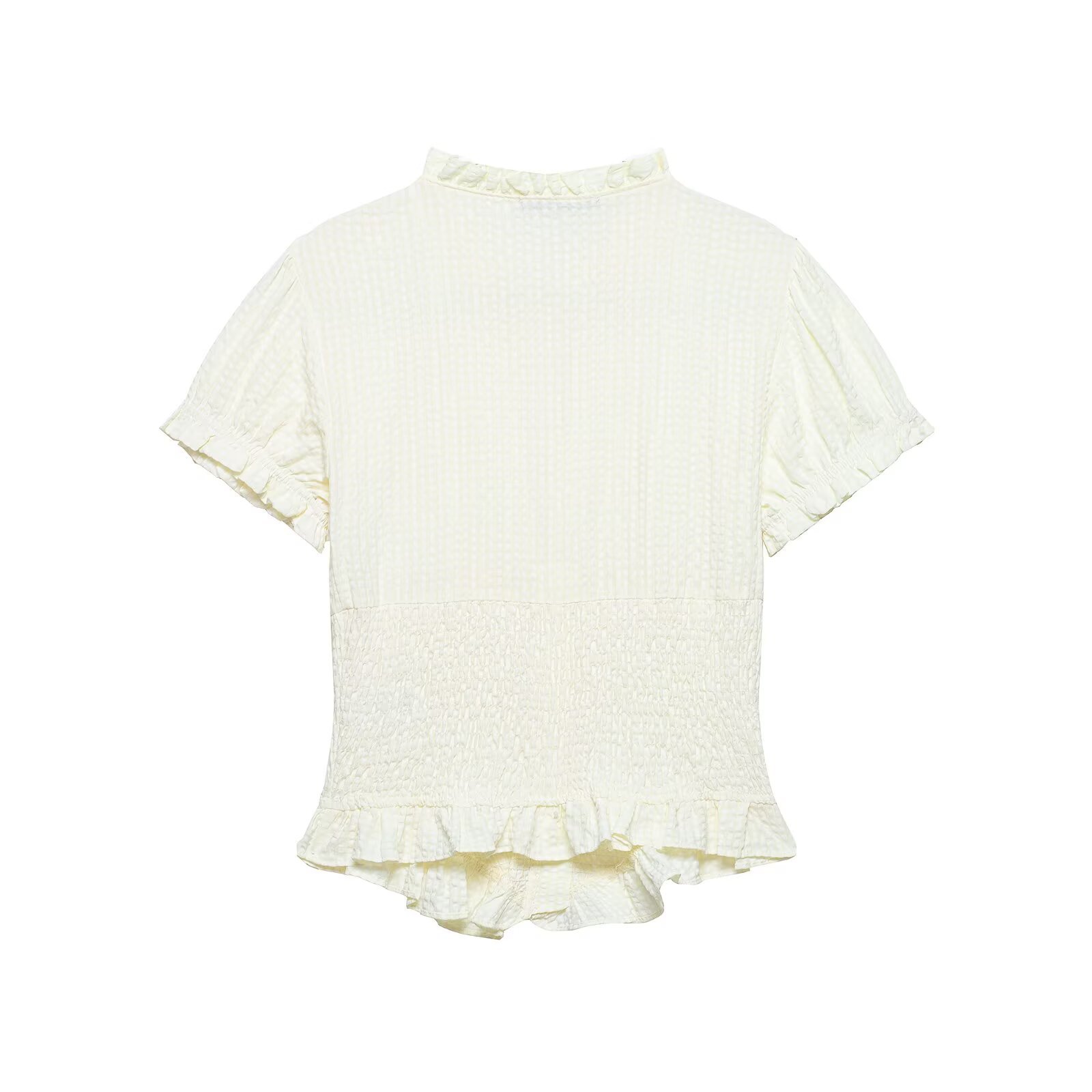 Women's Sweet Bow Detail Short Sleeve Blouse, Flattering Bubble Sleeve Top With Lace Trim, Spring Essential In Beige, Brown, Pink, Light Blue, Navy_ecoleips.com