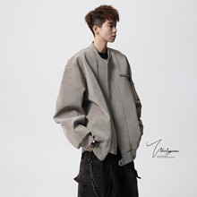 美式vintage棒球服男秋高街痞帅扎染皮夹克设计感短款工装外套潮