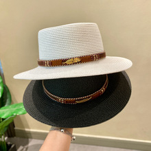 夏季草帽女士遮阳平顶宽檐沙滩帽波西米亚皮带礼帽复古百搭草编帽