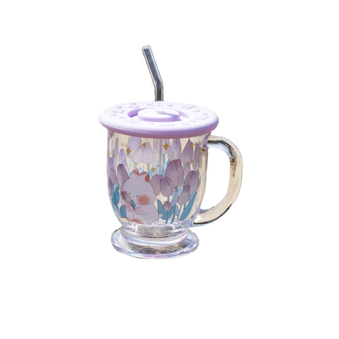 Creativo simple Flor del tulipán conejo de dibujos animados taza con la mano regalo paja vidrio agua Oficina