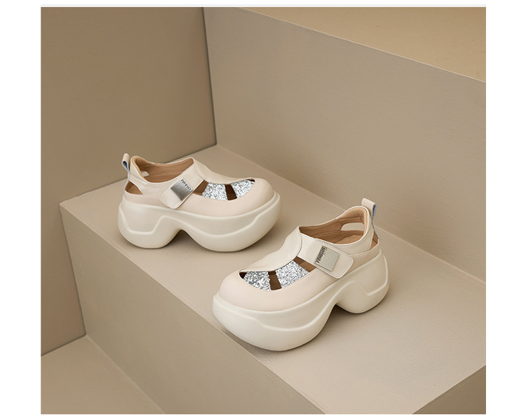 Giày sandal cao gót nữ đính sequin và đá rhinestone, đế dày độn cao, mũi bao da thật kiểu La Mã rỗng — Màu đen, Màu trắng be, Màu bạc chi tiết 25