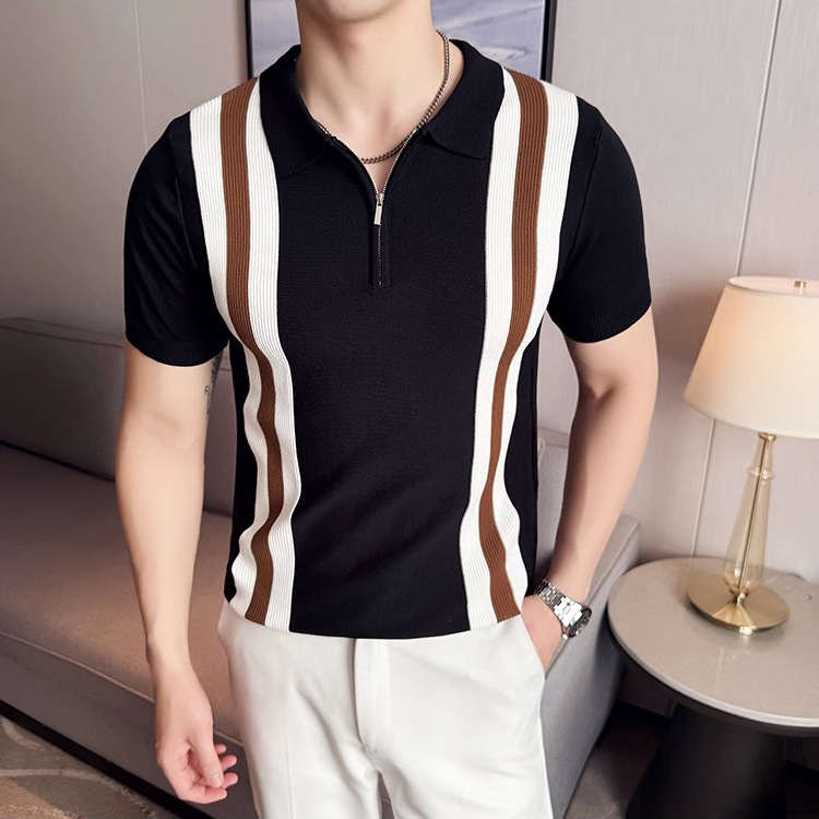 Verano nuevo estilo color a juego suéter de manga corta hombres media cremallera camisa POLO solapa camiseta de negocios comercio exterior transfronterizo al por mayor