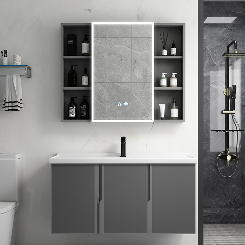 Mueble de baño de aluminio de espacio moderno simple montado en la pared lavabo gabinete combinación piscina hogar excelente cerámica roca placa cuenca integrada