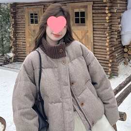 针织拼接条纹面包服时尚立领保暖棉衣女今年流行气质冬季棉服