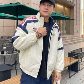 冬季新款AD立领棉服拼接条纹情侣外套宽松上衣外套【三叶两面穿】