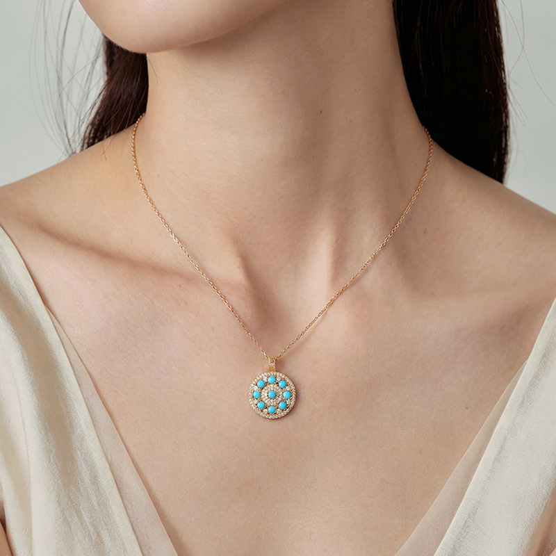 Mặt dây chuyền bạc S925 mạ vàng đá turquoise hình bát bảo la bàn phong cách tân trung hoa — Mẫu bạc - Mặt dây chuyền đơn (không kèm dây)