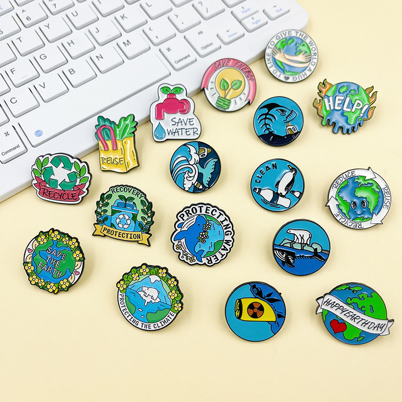 Cross-Border Environmental Protection Collection Earth Day Brooch Green Round Environmental Metal Badge Wearable Medal Lapel Pin