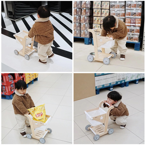 Cross-border children's simulation play house supermarket snack shopping cart walker 2 trolleys 3-year-old baby wooden toys