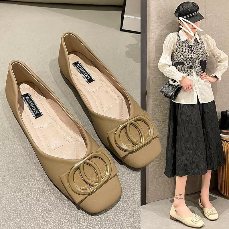 Модные туфли с мягкой подошвой и квадратной пряжкой, женские новые летние универсальные туфли с мелким ртом, 2023 года, одношаговые туфли на плоской подошве