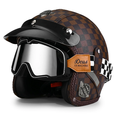 Motosiklet dəbilqələri helmet men's and women's electric - m-brown-plaid-print-black-and-white-plaid-goggles-leave-a-message-to-change-to-a-transparent-mirror-free-brim-face-towel