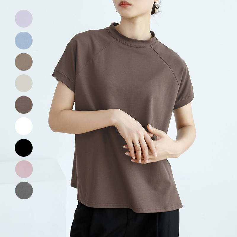 Real shot 9 color in stock Japanese Lotte summer cotton solid color short sleeve women's T-shirt French pullover women's side split
