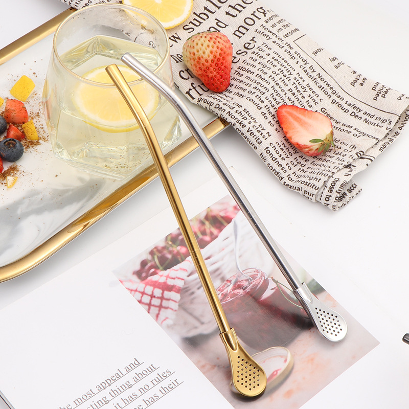 Cuchara de paja de acero inoxidable 304 transfronteriza, cuchara de paja desmontable, cuchara de paja todo en uno de doble uso, cuchara de paja con filtro para bebidas