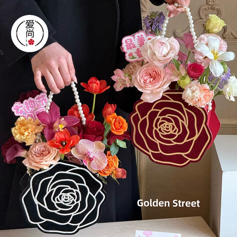 母亲节立体玫瑰珍珠手提花盒山茶花鲜花包装盒花束礼盒花艺插花盒