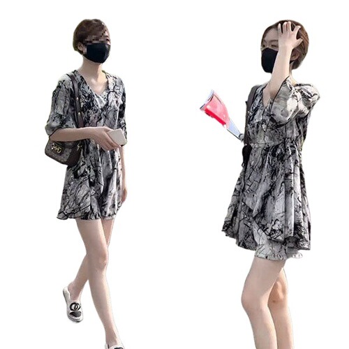 Summer chiffon set loose high-waist slimming stylish fashionable dress plus-size women's fat shorts two-piece set