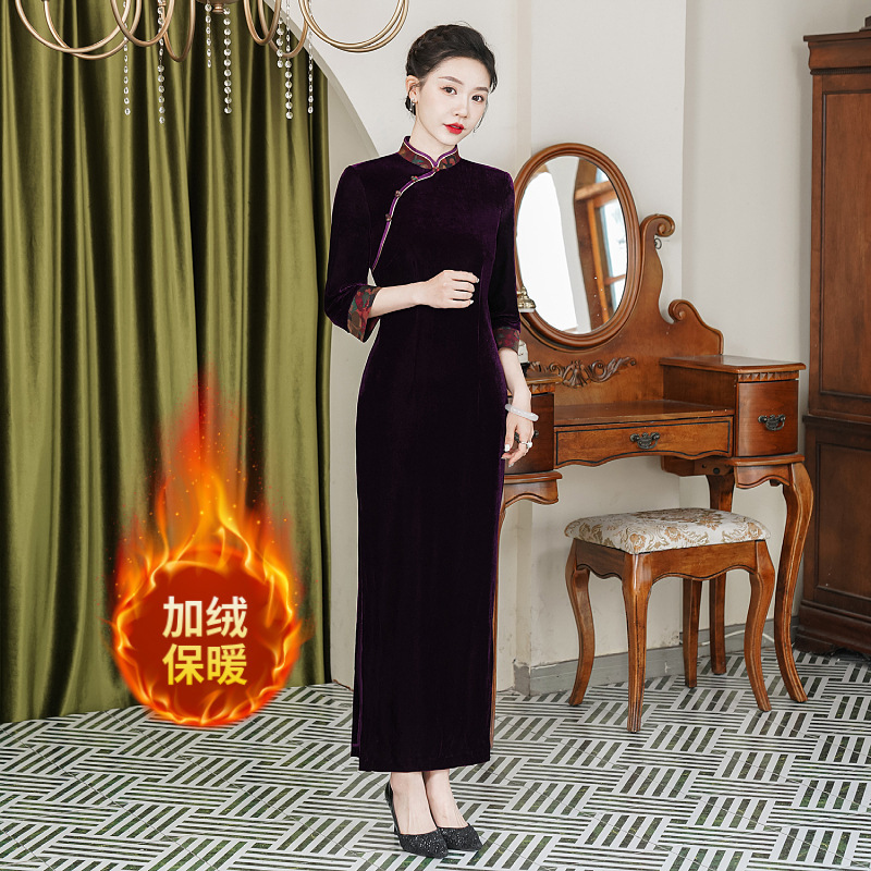 Shenzhen Velvet Thickened Cheongsam Dress, Thin and Thick Styles, Chinese Style Mother-In-Law Dress, Winter Wear, Plus Size Dress Wholesale Shenzhen Velvet Thickened Cheongsam Dress, Thin and Thick Styles, Chinese Style Mother-In-Law Dress, Winter Wear, Plus Size Dress Wholesale