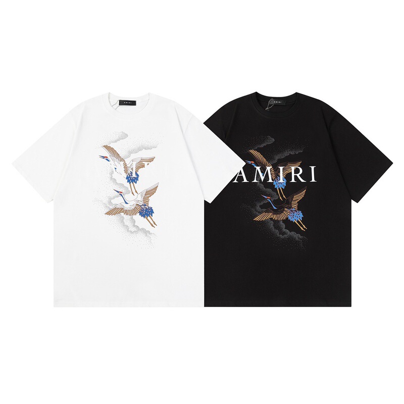 Spring and Summer New Amiri Cotton Amiri Crane Loose Pullover Short-Sleeved T-Shirt Internet Celebrity Couple Style