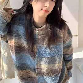 美式复古彩色条纹毛衣女秋冬季高级感小众宽松慵懒风针织开衫外套