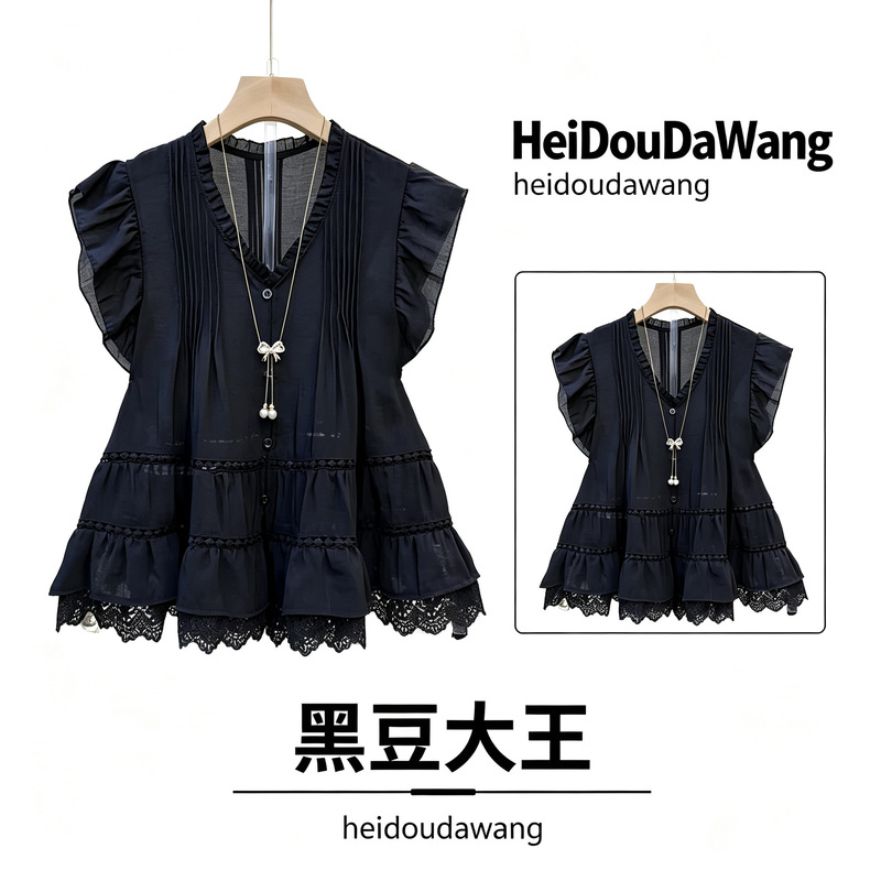 French-style black collar lace patchwork sleeveless shirt for women, 2026 summer new plus-size slimming and age-reducing stylish top French-style black collar lace patchwork sleeveless shirt for women, 2026 summer new plus-size slimming and age-reducing stylish top