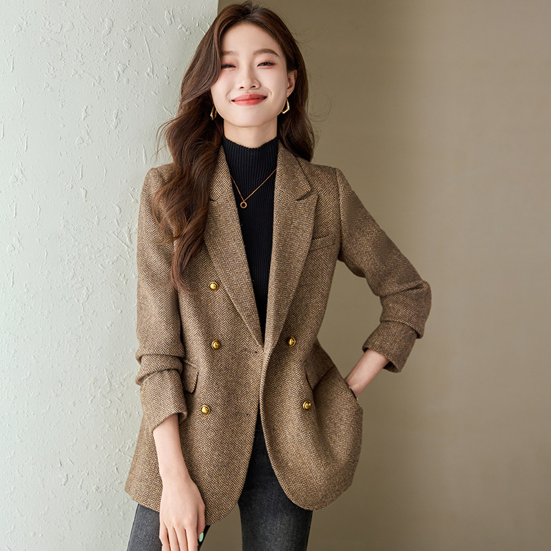 【Hot-Selling Export Item】High-End Wool Coffee-Colored Padded Blazer for Women, 2026 Spring and Autumn, Korean Style Double-Breasted Coat