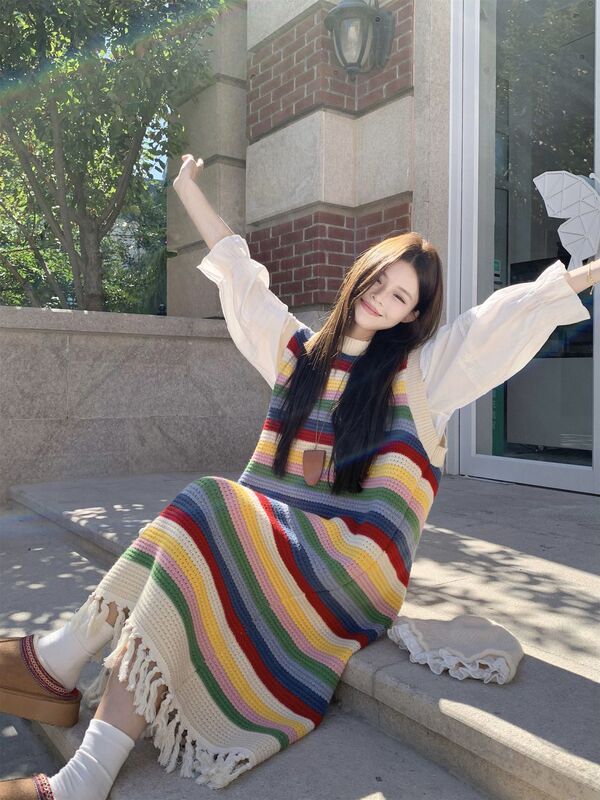 Age-Reducing Sweet Rainbow Stripesd Knitted Vest Dress Autumn Matchinging Long-Sleeved White Shirt Suit for Women