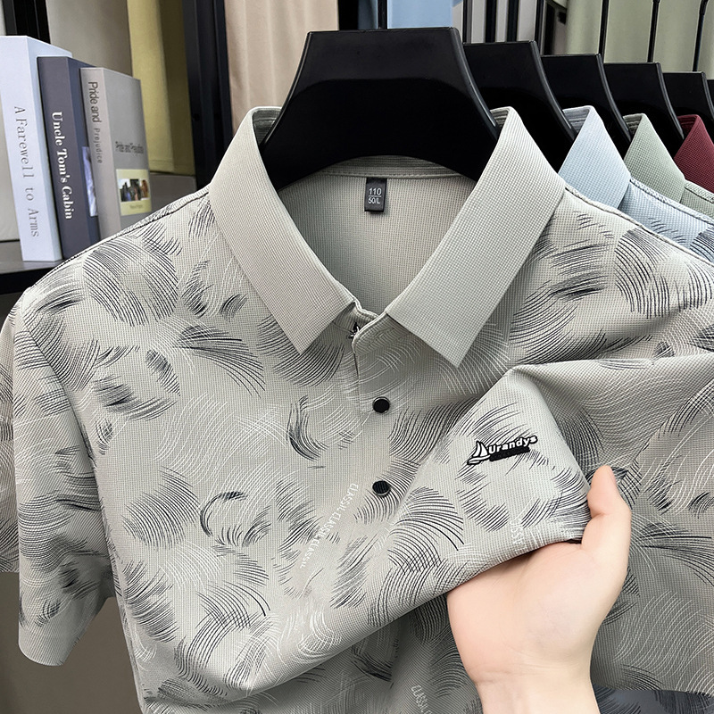 Summer new seamless short-sleeve polo shirt for men, casual, cool, breathable, printed, half-sleeve, fashionable and versatile men's t-shirt