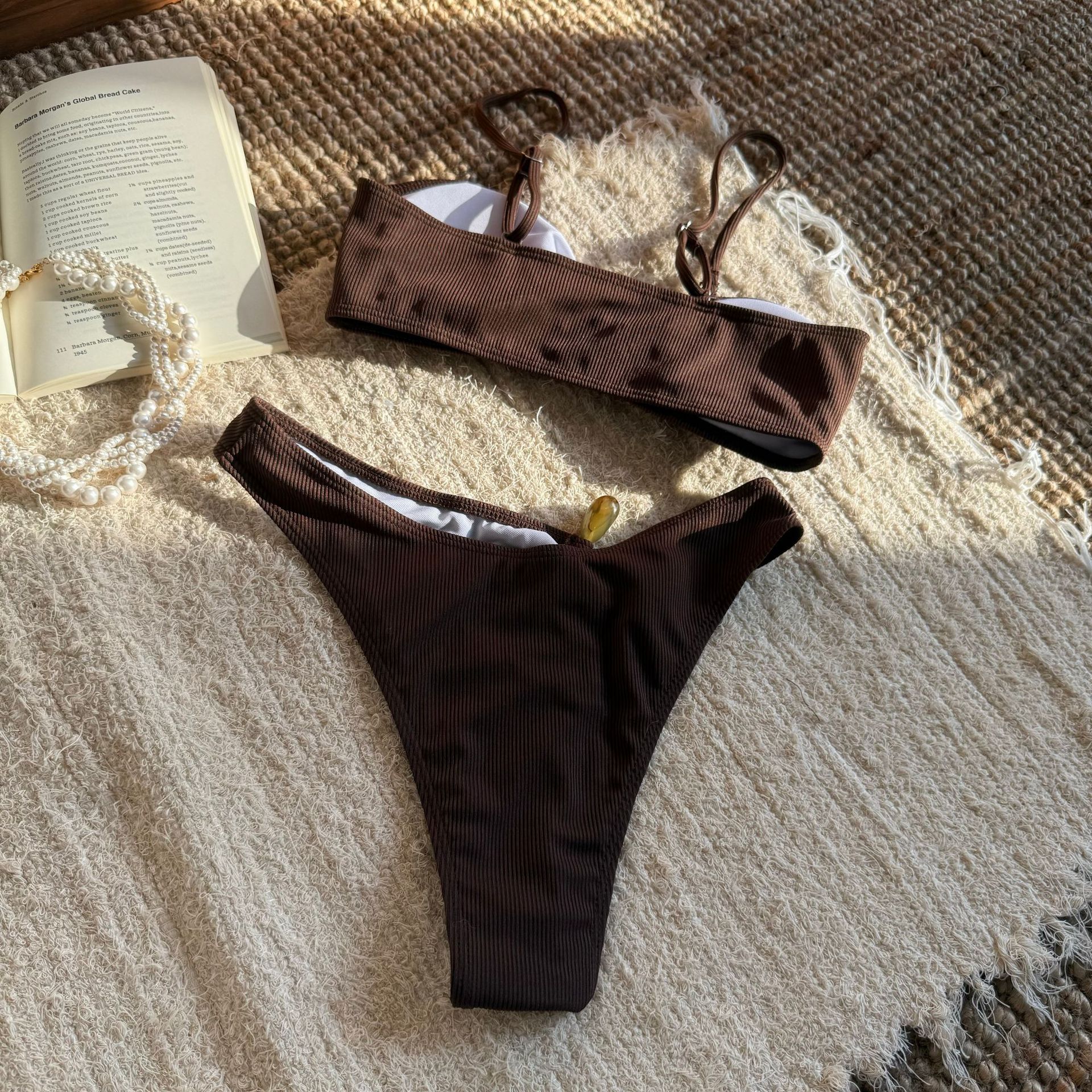 101g Weight Sexy Feel Of Sensation Bikini Panties Style Polyester Fabric Type 2 Pieces Set Quantity Swimming Pool, Beach Occasion Solid Color Pattern Women's Gender Army Green, Coffee, Black Color Women's Solid Color 2 Pieces Set Bikinis Swimwear 14