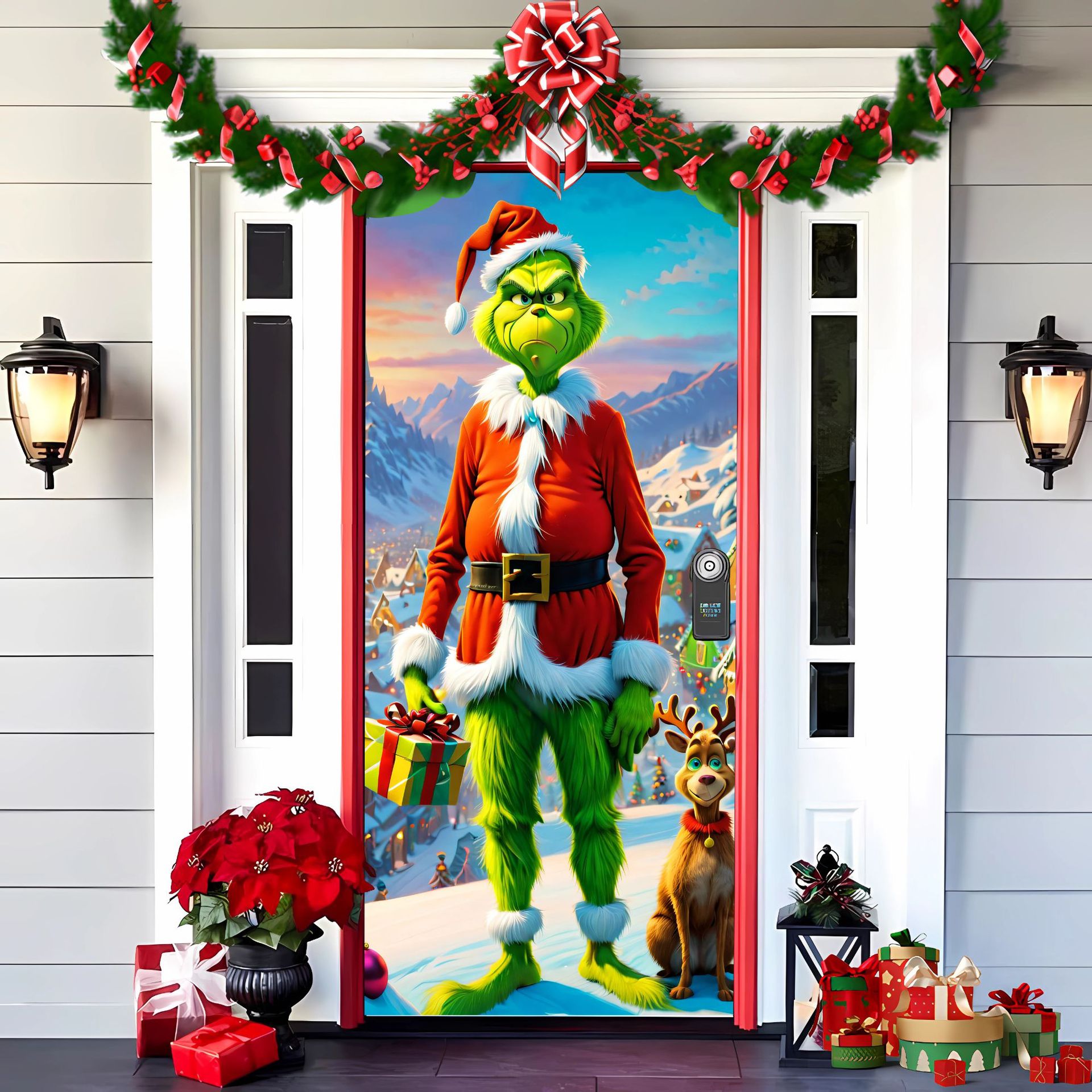 크리스마스 GRINCH 녹색 모피 괴물 매달려 배경 천 장식 아마존 도어 커버 매달려 천 국경 문 커버 태피스트리