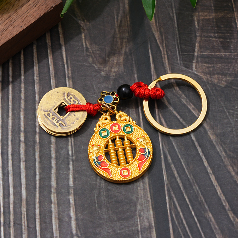 Puesto de venta caliente en lugares escénicos Cinco emperadores dinero latón llavero de coche calabaza de cobre joyería colgante regalo de evento