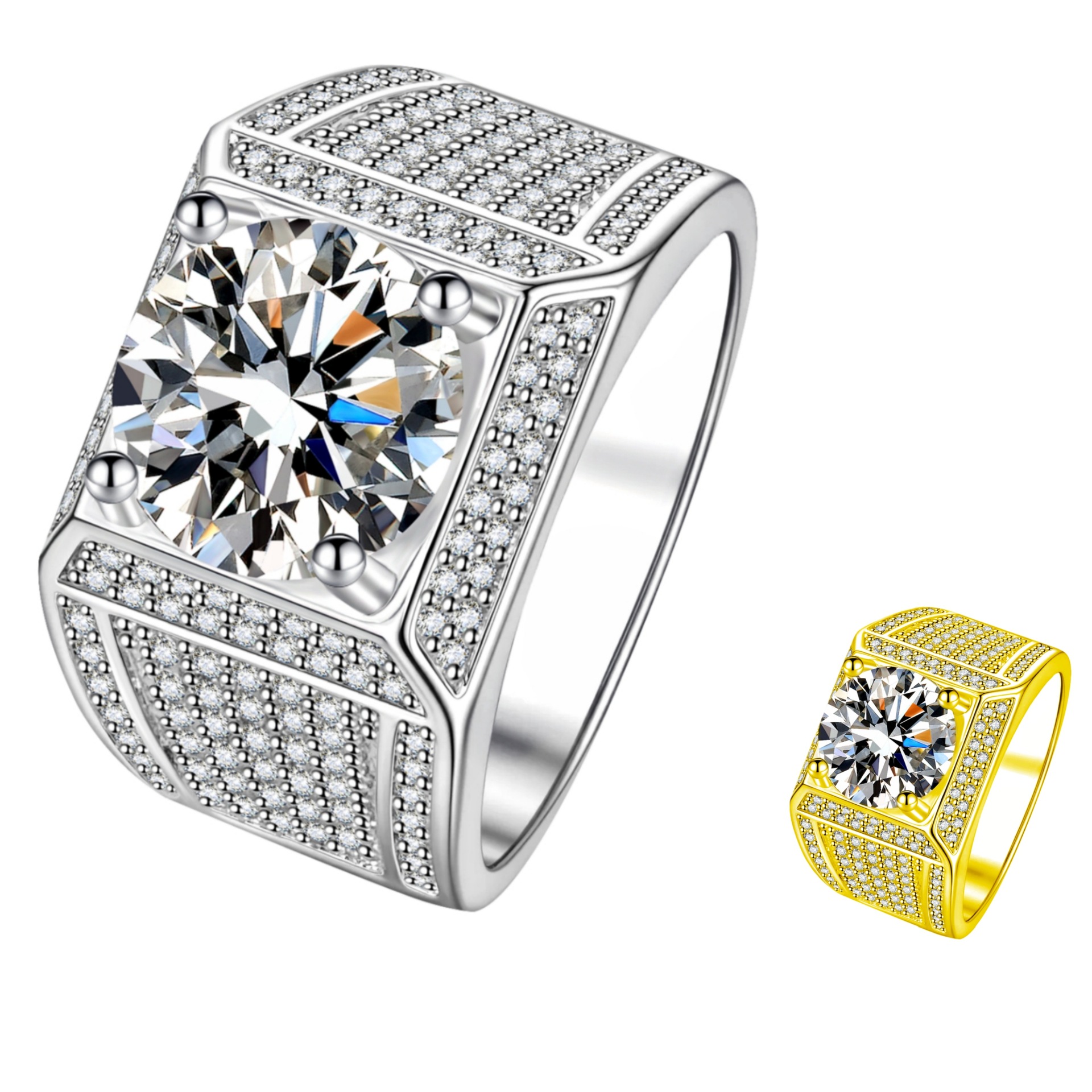 Luxury Cross-Border Live Broadcast Popular Five-Carat Imitation Moissanite Diamond Pavé-Set Zircon Men's Diamond Ring Wedding Proposal Ring