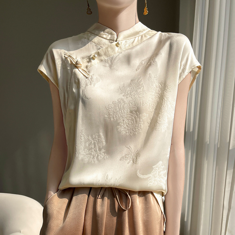New Chinese Style Fashionable Tencel Short-Sleeved T-Shirt Women's Stand-Up Collar Acetate Satin Jacquard Top Retro Chinese Style Button-Down Shirt