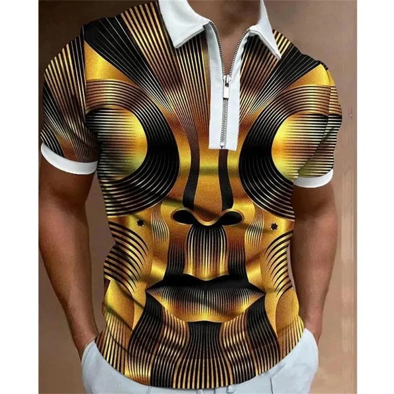 2024 venta caliente personalidad moda impresión 3D hombres verano calle suelta solapa manga corta cremallera camisa POLO