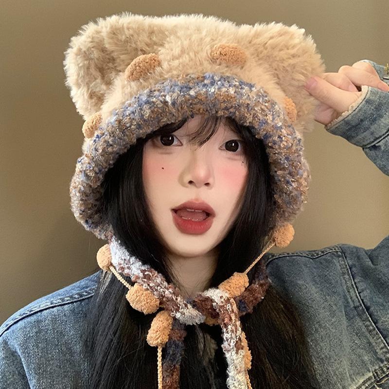 小熊耳朵毛绒帽子女秋冬季显脸小针织护耳帽保暖防寒套头雷锋帽子|undefined