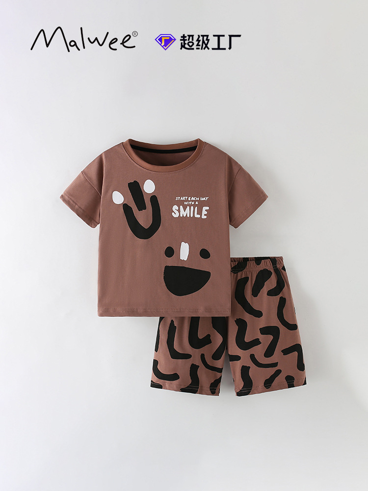 Malwee transfronterizo juego de niños de verano nuevo estilo europeo y americano de niños de cuello redondo de manga corta juego de dos piezas para niños casuales